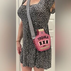 Tequila Bottle Novelty Purse with Adjustable Embroidered Crossbody Strap